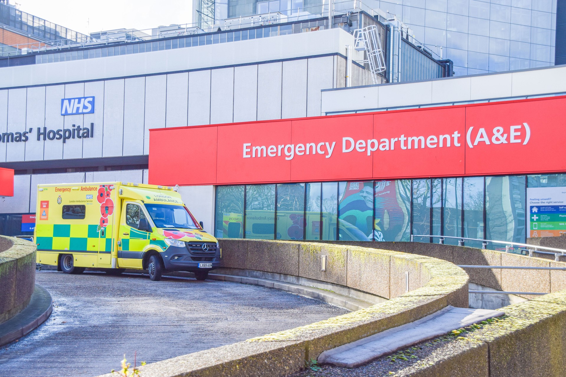 Ambulance at the Emergency Department, St Thomas' Hospital, London, UK